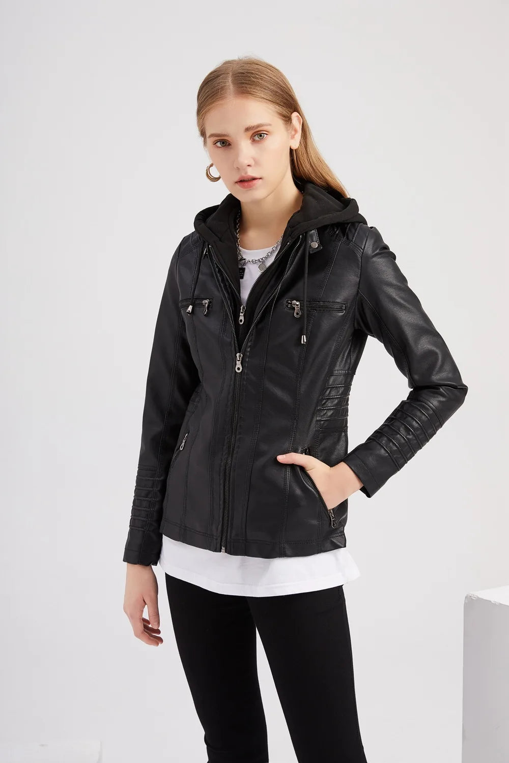 Autumn Winter Women Leather Jacket Hooded Removable PU Leather Jackets Motorcycle Long Sleeve Zipper Coat Black Outerwear XS-7XL