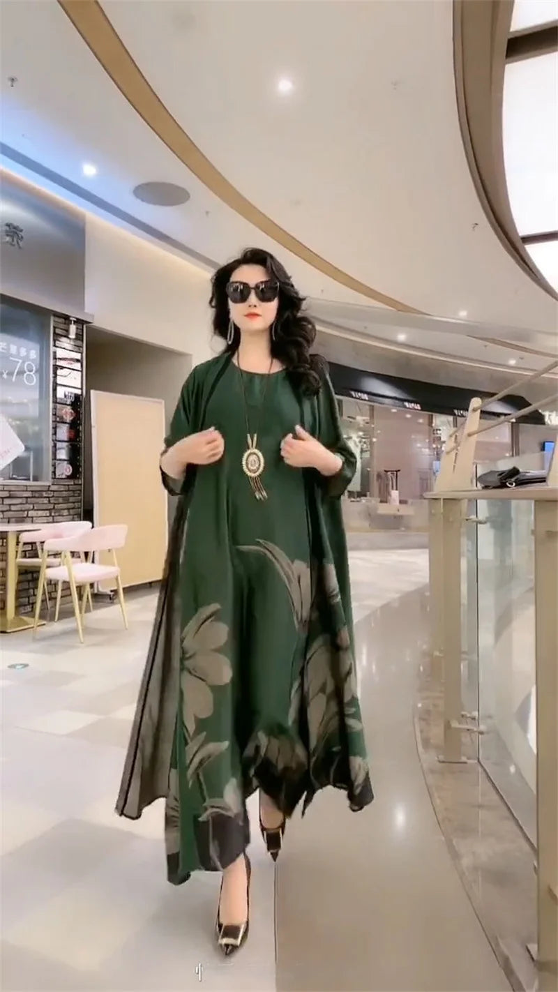 Middle Aged Mother Dress Suit Summer Casual Fashion Printing Two Piece Suits Long Dress Suits Women Temperament Dress Sets 729