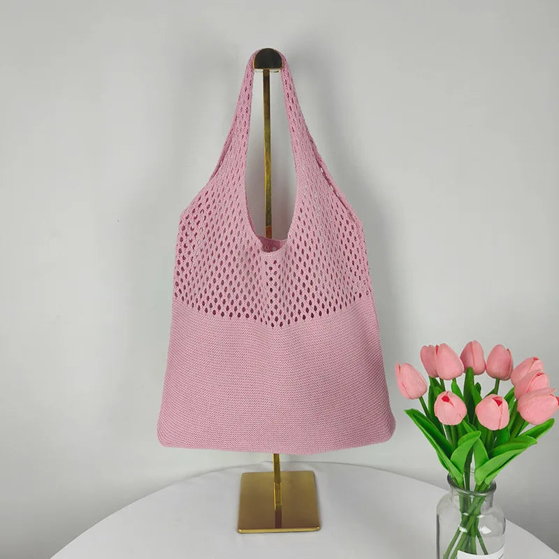 Custom Personalized Knitting Crochet Tote Bags Shoulder Handbags for Women Summer Beach Fashion Weaving Hollow Handbag