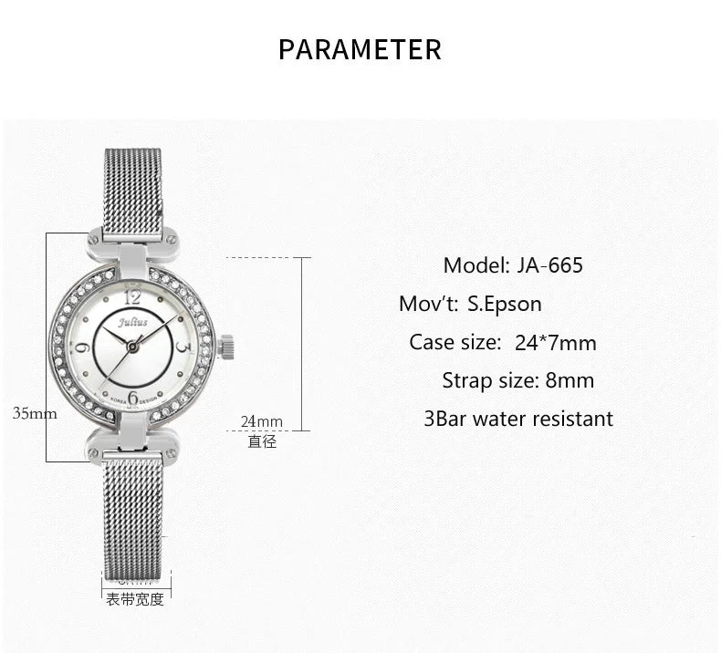 Small Julius Lady Women's Watch Retro Clock Japan Quartz Fashion Hour Dress Stainless Steel Bracelet Girl's Birthday Gift No Box