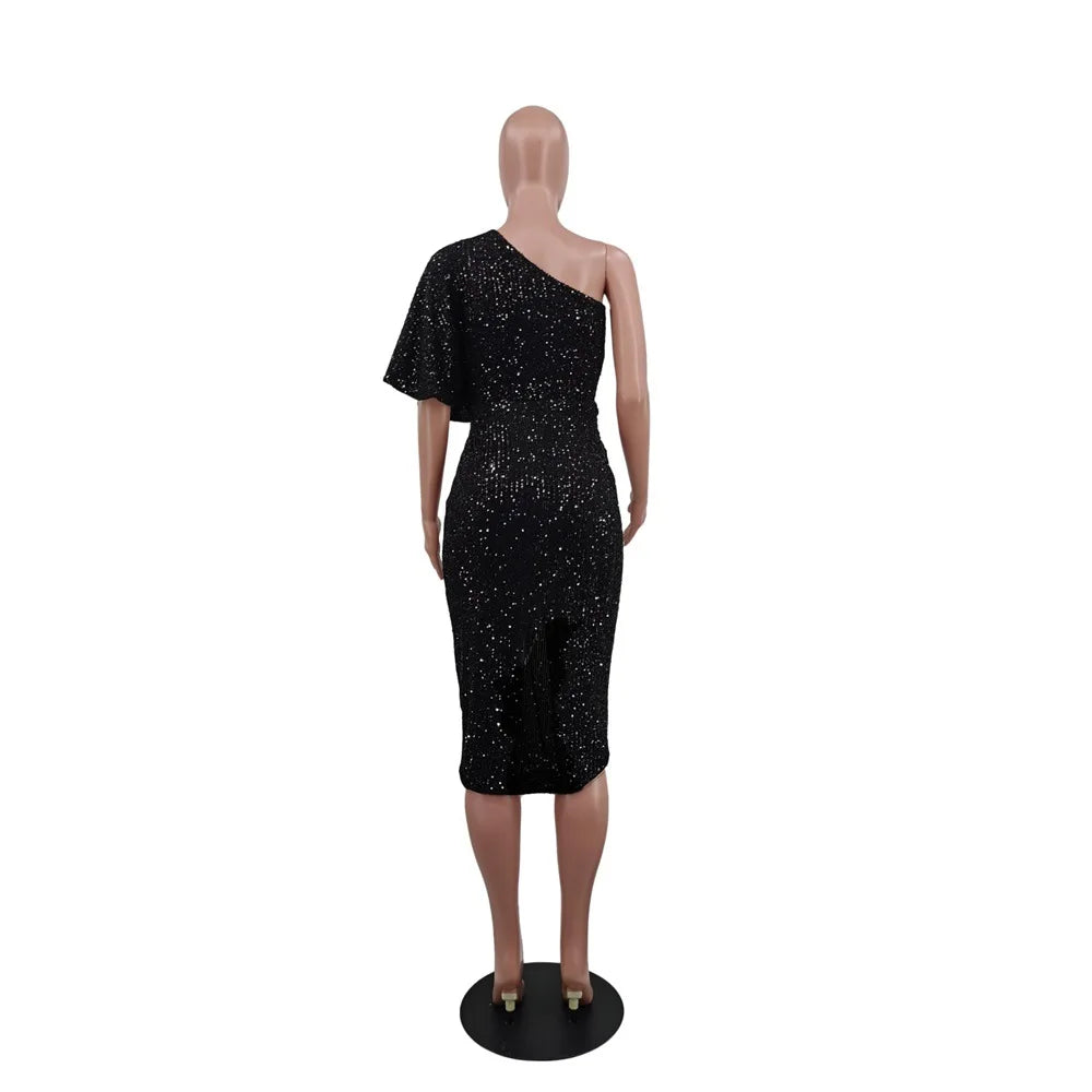 CM.YAYA Women Sequined Batwing Sleeve One Shoulder Skew Neck Draped Bodycon Midi Dress Sexy Night Party Pencil Dresses