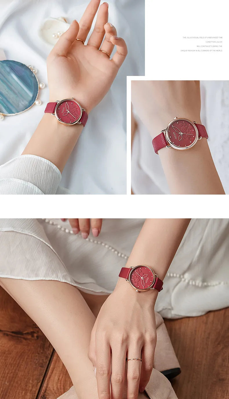 Four-leaf Clover Flower Elegant Women's Watch Japan Mov't Lady Hours Fine Fashion Real Leather Bracelet Girl's Gift Julius Box