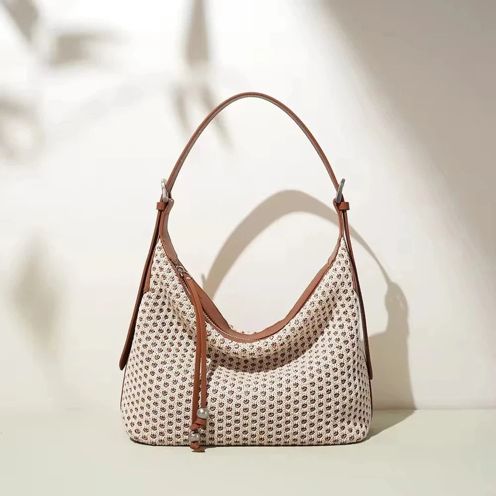 Casual Style Straw Woven with Cowhide Leather Shoulder Bags High Quality Beach Bags Straw Genuine Leather Handbags for Women