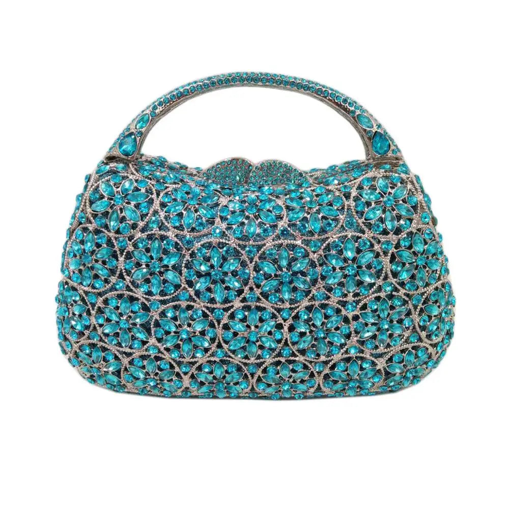 Women Champagne/Blue Color Stone Evening Bags Purses and Handbags Wedding Party Dinner Crystal Flower Clutch Bags Minaudiere Bag