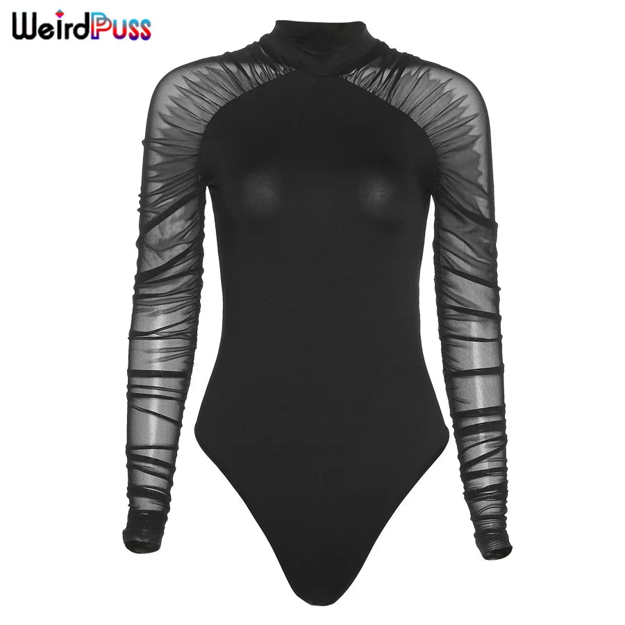 Weird Puss 2023 Mesh Patchwork Bodysuit Sexy Women Sleeve Ruched Skinny Turtleneck Bodycon Elegant Wild Tops Streetwear Outfits