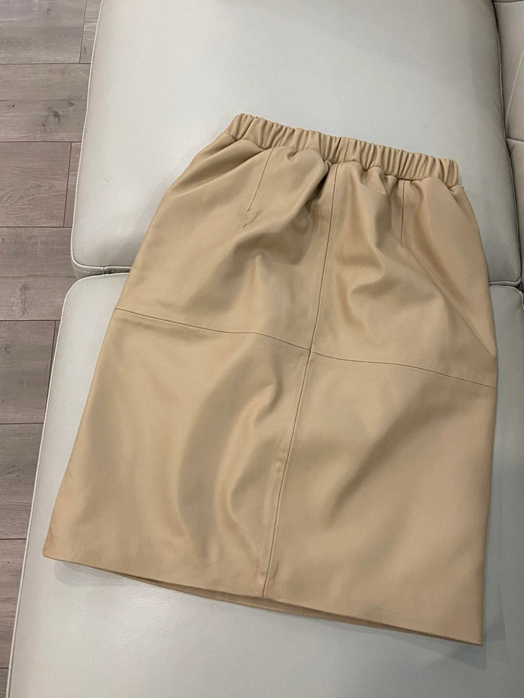 Leather Skirt Women With Pockets Midi Skirts Womens 2025 New Genuine Black And Green Sheepskin Leather Pencil Skirt Hgh Waist