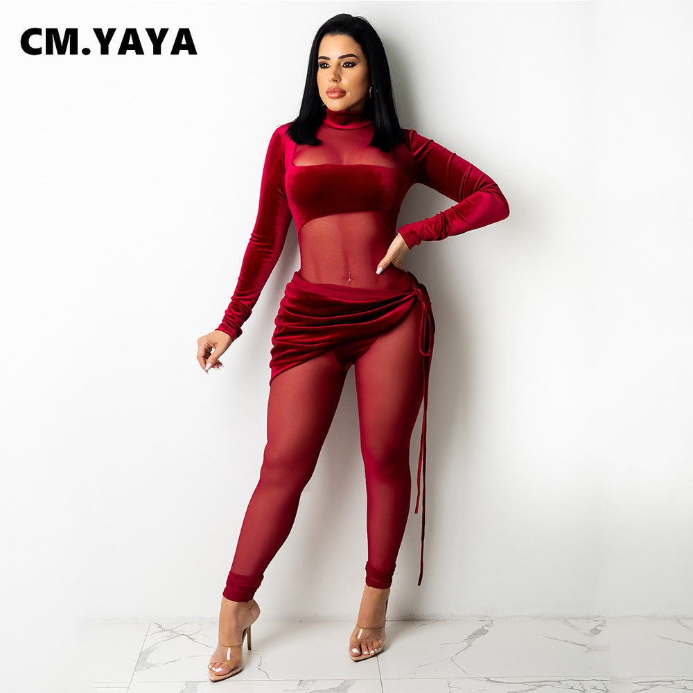 CM.YAYA Autumn Winter Women Long Sleeve Velvet Mesh Patchwork Jumpsuit Vintage Sexy Night Party Club One Piece Romper Playsuit