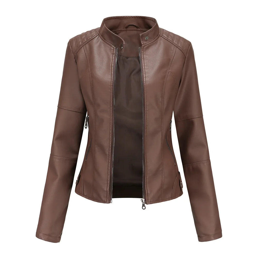 Women Leather Jacket 2025 Spring Autumn Black PU Leather Coat Stand-up Collar Motor Biker Jacket
