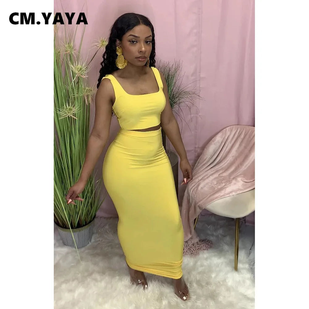 CM.YAYA Women Set Solid Sleeveless Strap Square Collar Crop Tops Stretchy Long Skirts Two Piece Set Sexy Fashion Outfits Summer