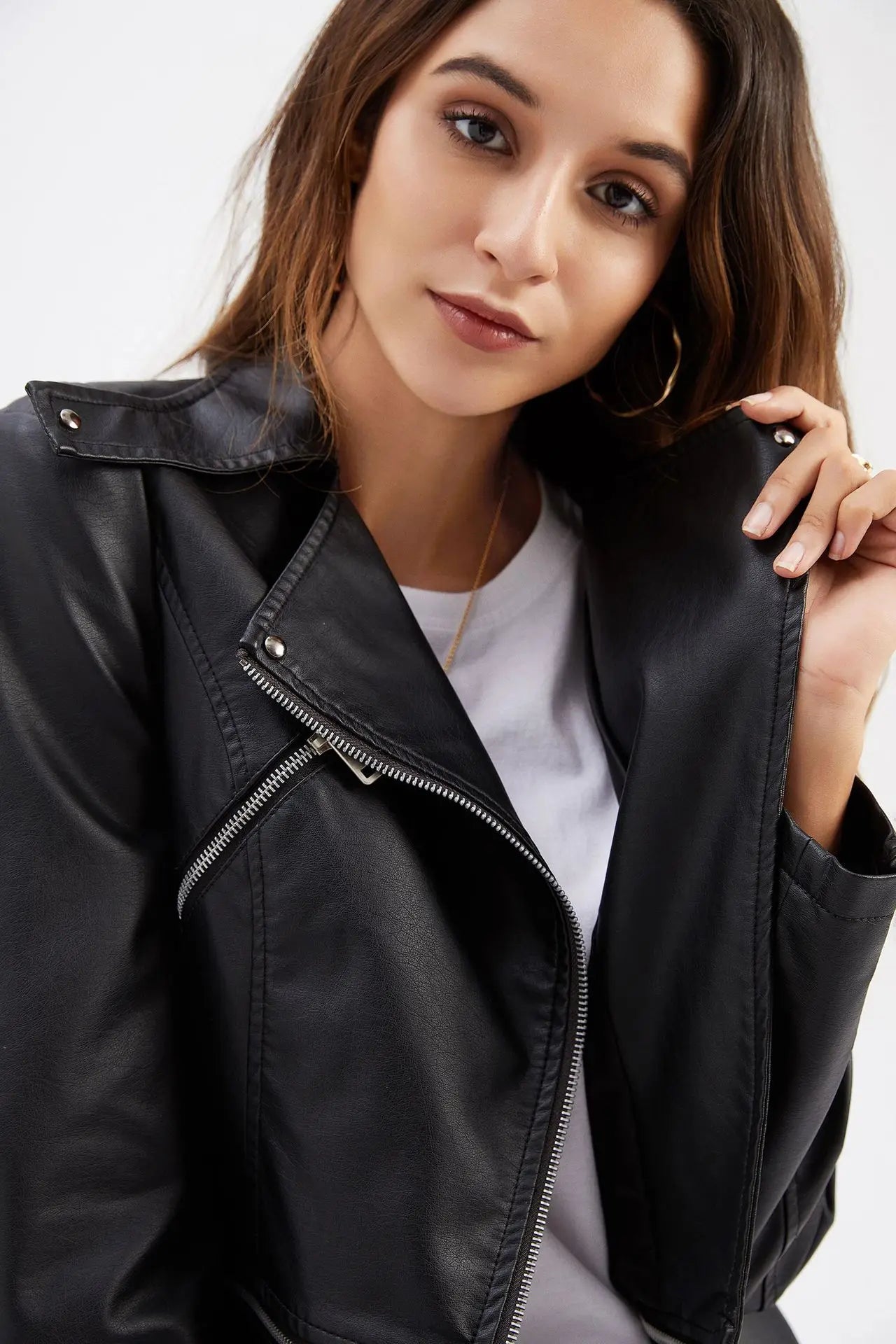 Spring Autumn Motorcycle PU Leather Jacket Women Casual Leather Coat Female Long Sleeve Turn-down Collar Solid Outwear