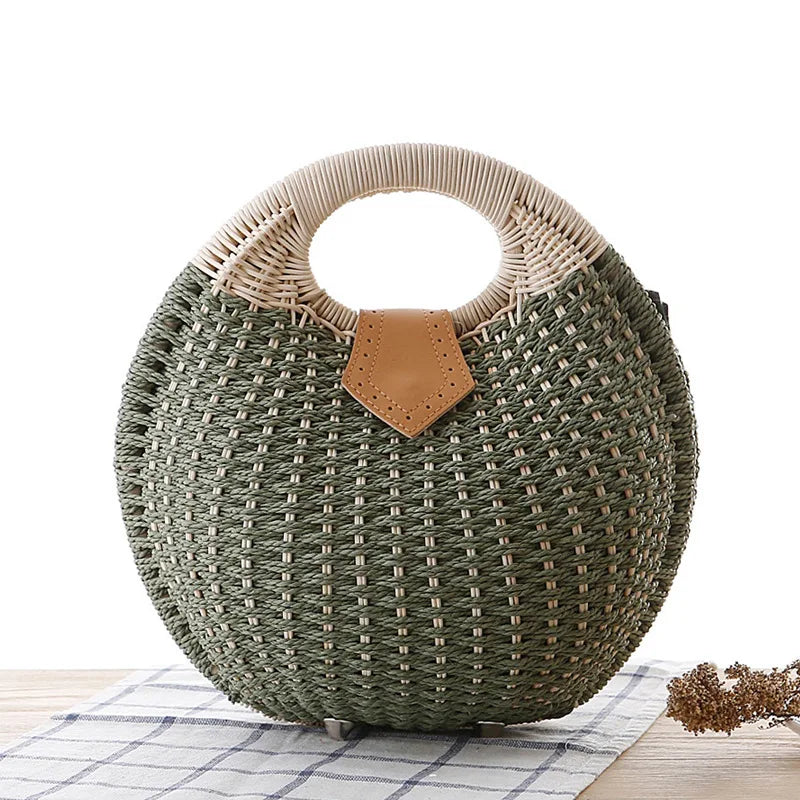 2025 Fashion Women's Shell Handbag Cute Rattan Straw Handwoven Totes Casual Simple Braided Top-handle Bag Shell Shape