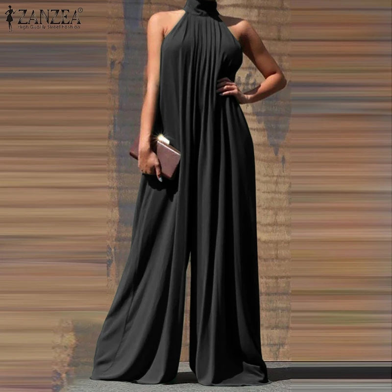 ZANZEA 2024 Summer Women Party Elegant Jumpsuits Wide Leg Rompers Solid Color Wide Leg Playsuits Holiday Chic Sleeveless Overall