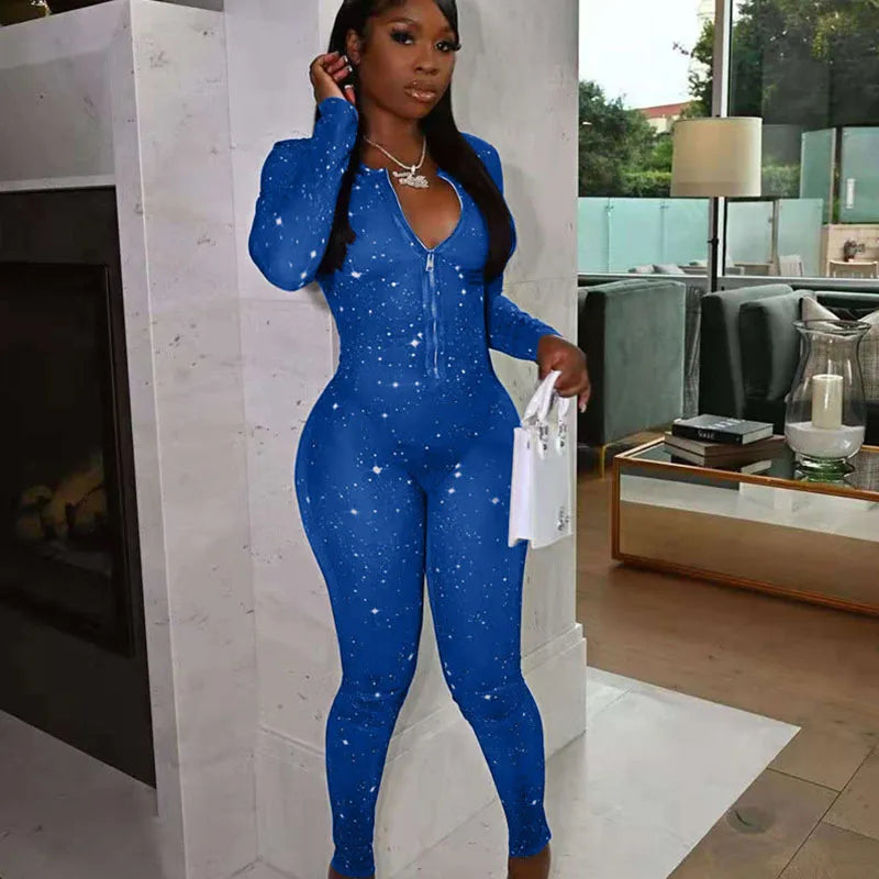 Galaxy Print Mesh Sheer Jumpsuit Women Overalls Front Zipper V-neck Bodycon Rompers Sexy Midnight Clubwear One Piece Outfits