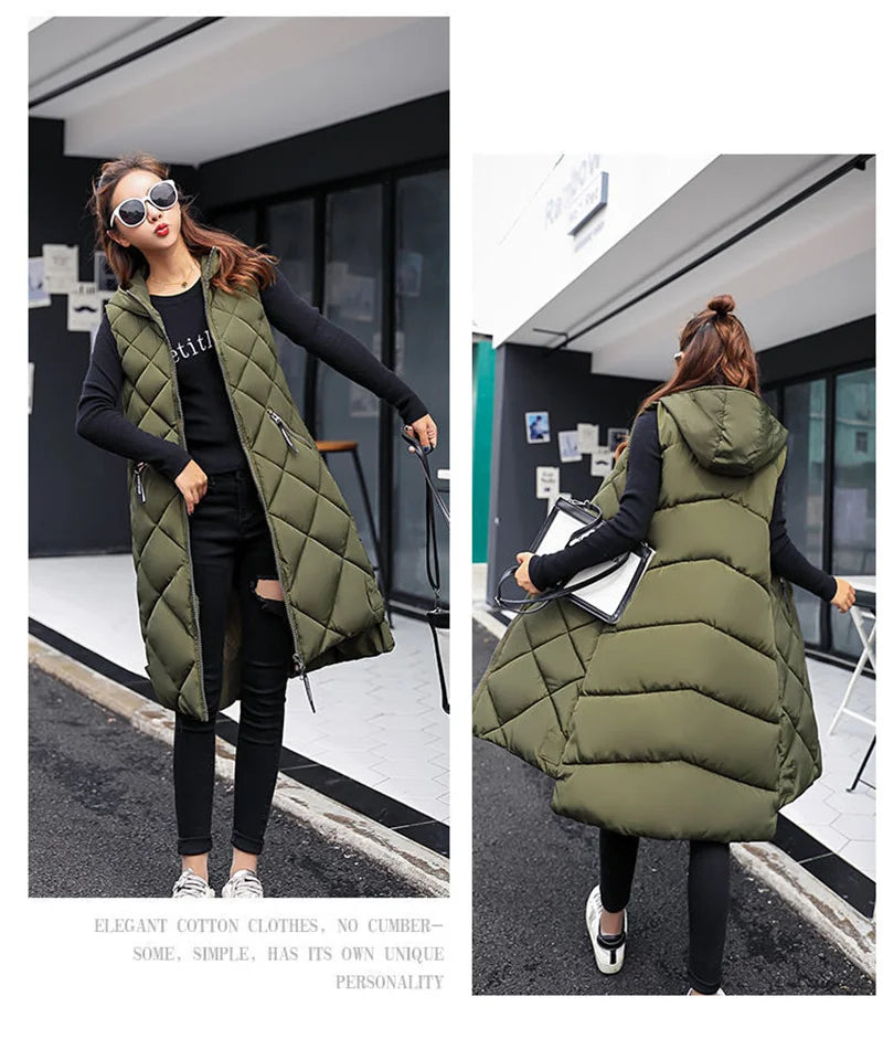 2024 New Winter Down Cotton Hooded Sleeveless Waistcoat Loose Vest Cotton Vest Long Women's Autumn Jacket Female Bisic Coats 90