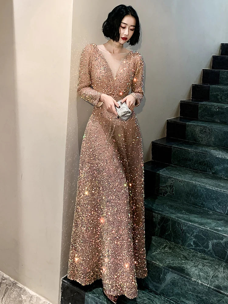 Sequined Long Sleeves Evening Dress O Neck Glitter Prom Dresses Plus Size Elegant Floor Length Vestido de noiva Customized