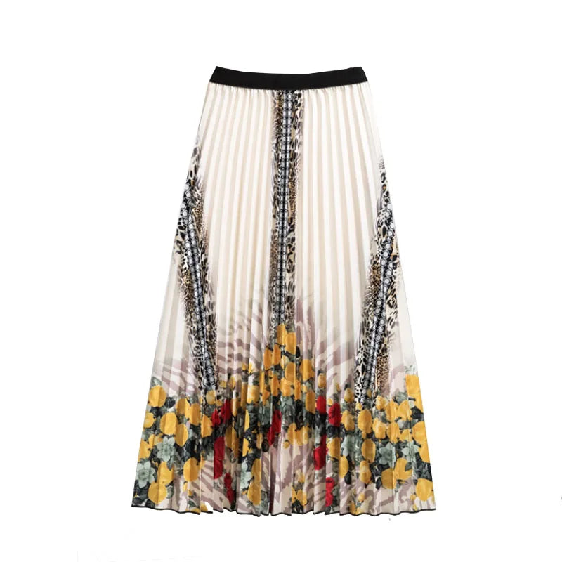 Casual Floral Midi Pleated Skirt For Women Fashion Printed Flower A Line Elastic High Waist Mid-length Skirt Female Ladies falda