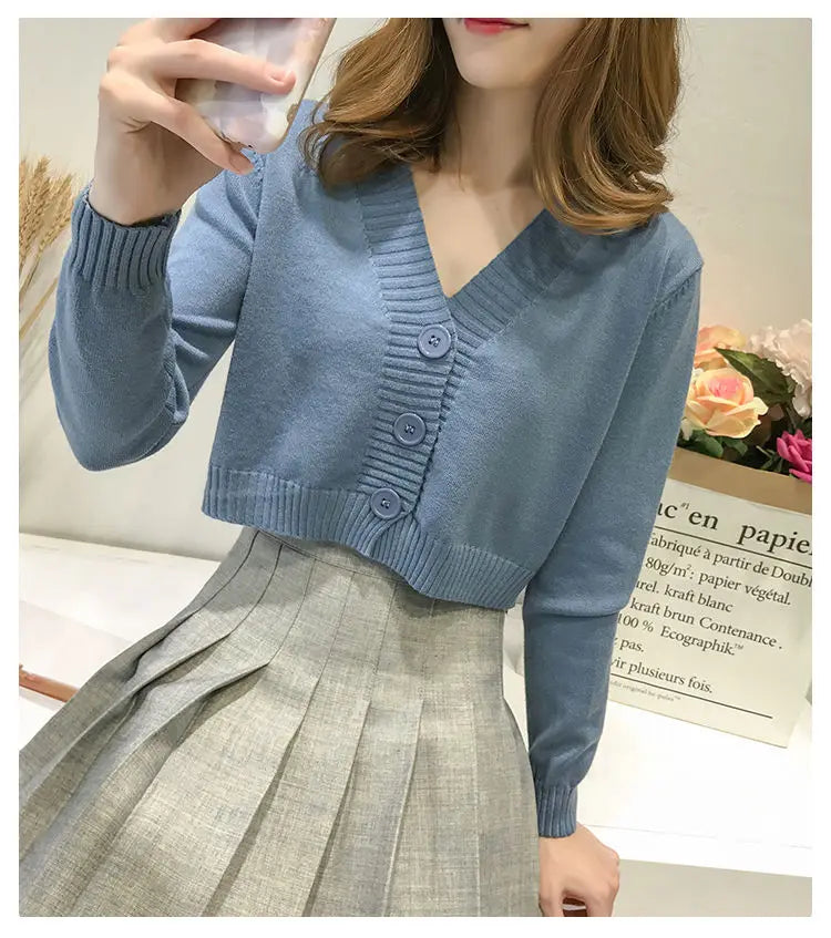 Knitted Cropped Cardigan Women Korean Short Sweater Long sleeve Crop Top V neck Fashion Y2k Clothes Green Blue