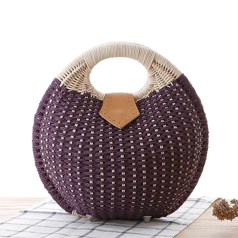 2025 Fashion Women's Shell Handbag Cute Rattan Straw Handwoven Totes Casual Simple Braided Top-handle Bag Shell Shape