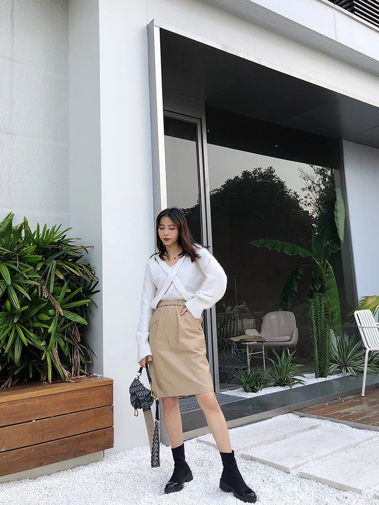 Leather Skirt Women With Pockets Midi Skirts Womens 2025 New Genuine Black And Green Sheepskin Leather Pencil Skirt Hgh Waist