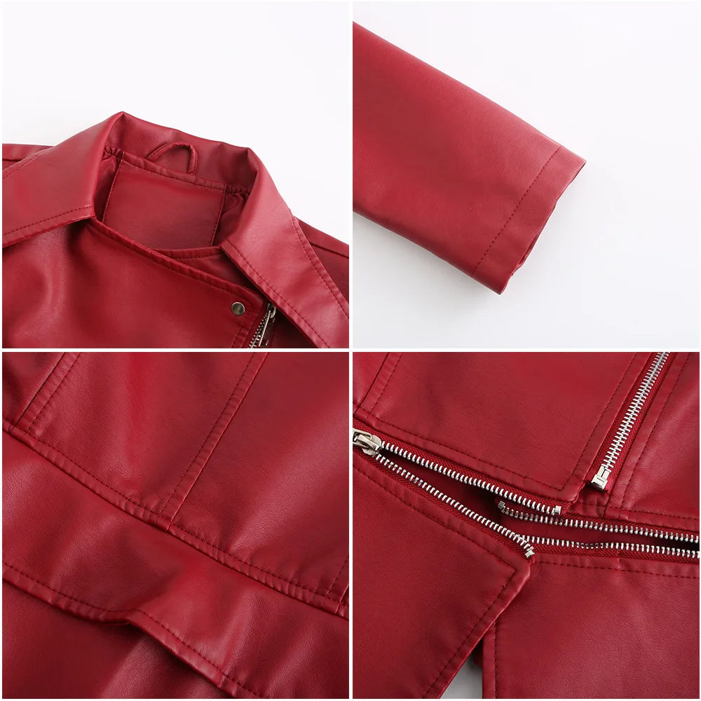 Spring Autumn Motorcycle PU Leather Jacket Women Casual Leather Coat Female Long Sleeve Turn-down Collar Solid Outwear