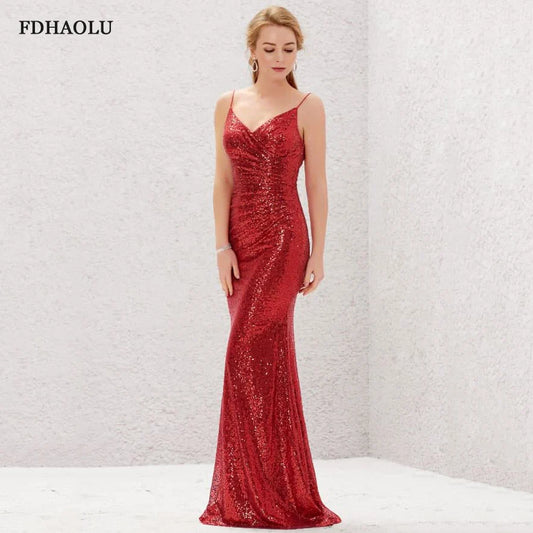 AE128 V-Neck Red Sexy Formal Party Gown Dubai Luxury Sleeveless Full Sequined Cocktail Evening Dress Customized