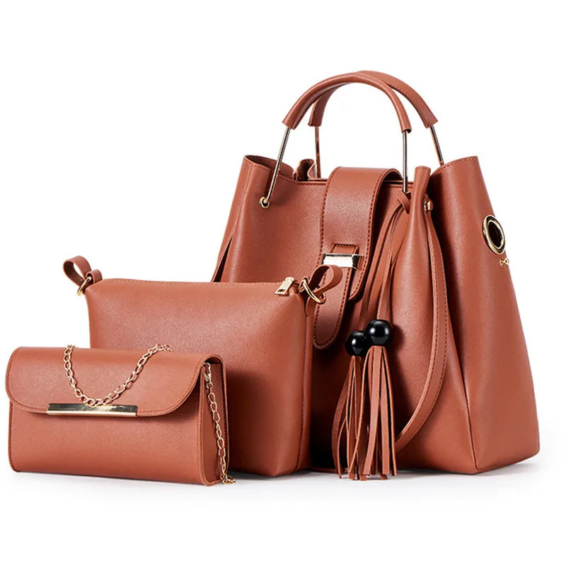 High Quality Women' s 3 Pcs Set Large Capacity Handbag Solid Color Purse Shoulder Messenger Bag Pu Leather Tote Bag
