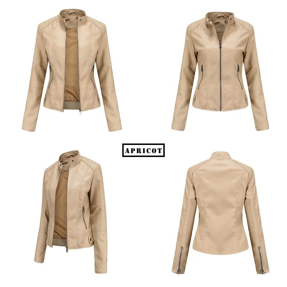 Women Leather Jacket 2025 Spring Autumn Black PU Leather Coat Stand-up Collar Motor Biker Jacket