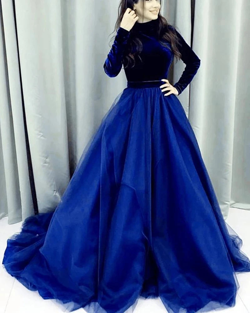 Muslim Evening Dress High Neck Long Sleeve Velvet A-Line Long Formal Dubai Arabic Kaftan Prom Party Dress Gowns Customized