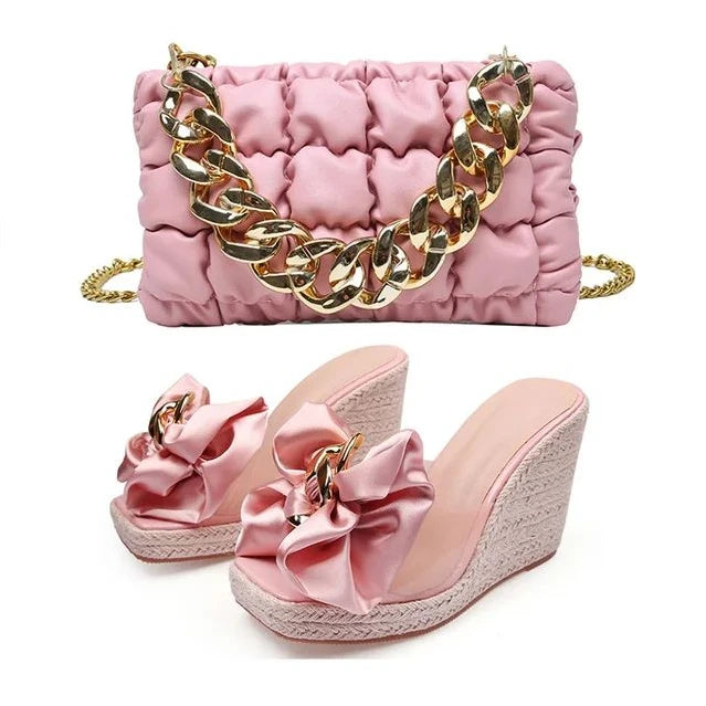 2025 New Style Designer Luxury Ladies Slippers Shoes Bag Set High Quality Women Pumps Chain Sandals Shoes Purse Set