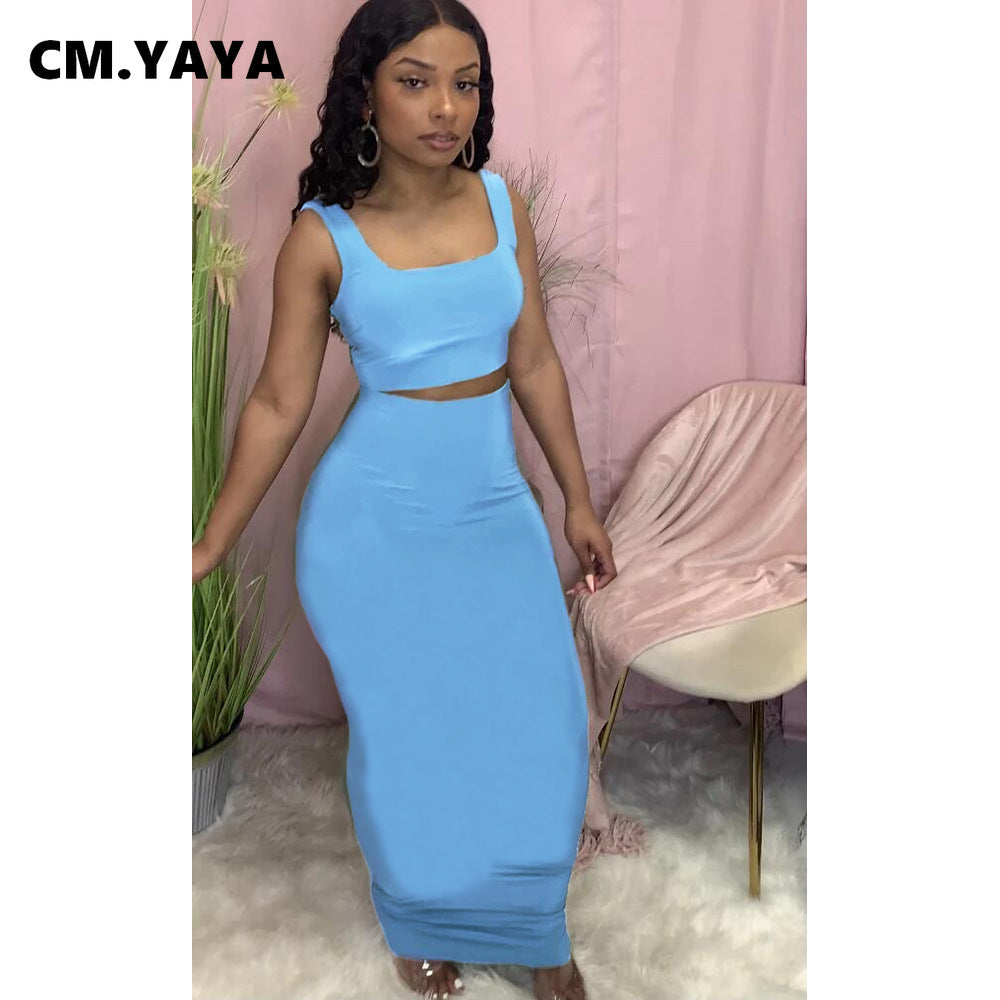 CM.YAYA Women Set Solid Sleeveless Strap Square Collar Crop Tops Stretchy Long Skirts Two Piece Set Sexy Fashion Outfits Summer