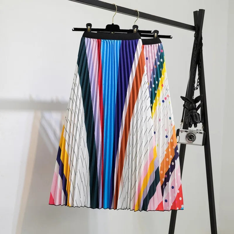 Casual Floral Midi Pleated Skirt For Women Fashion Printed Flower A Line Elastic High Waist Mid-length Skirt Female Ladies falda