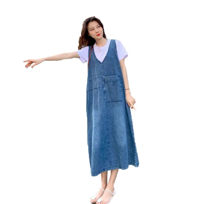 Fashion Women Denim Suspender Dress Loose V-Neck Sleeveless Suspender Dress Female Short Sleeve T-Shirt+Jeans Dresses Sets