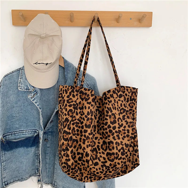 Fashion Women's Leopard Print Canvas Tote Bag Large Capacity Eco-Friendly Portable Foldable Shoulder Shopping Bag