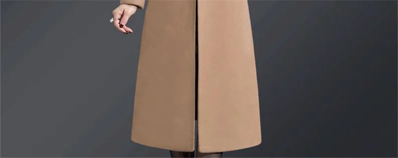 High Quality Big Fur Collar Woolen Coat Women Belt Knee-Length Double Breasted Mid-Long Woolen Jacket For Autumn Winter Outcoat