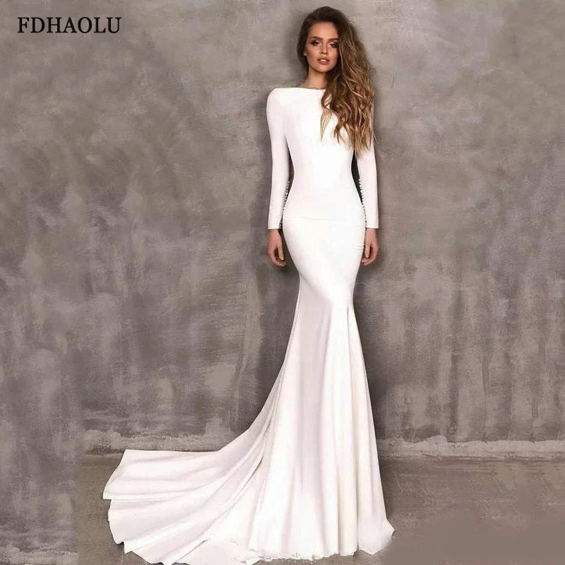 Customized FDHAOLU FU16 White Mermaid Wedding Dresses Long Sleeve Elegant Boho Satin Bride Dress Wedding Gowns Vestido De Noiva