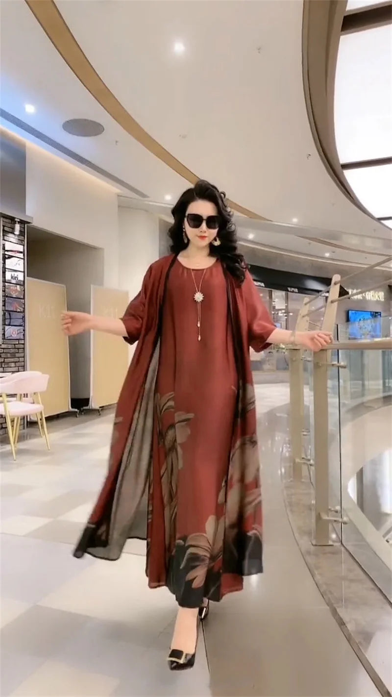 Middle Aged Mother Dress Suit Summer Casual Fashion Printing Two Piece Suits Long Dress Suits Women Temperament Dress Sets 729