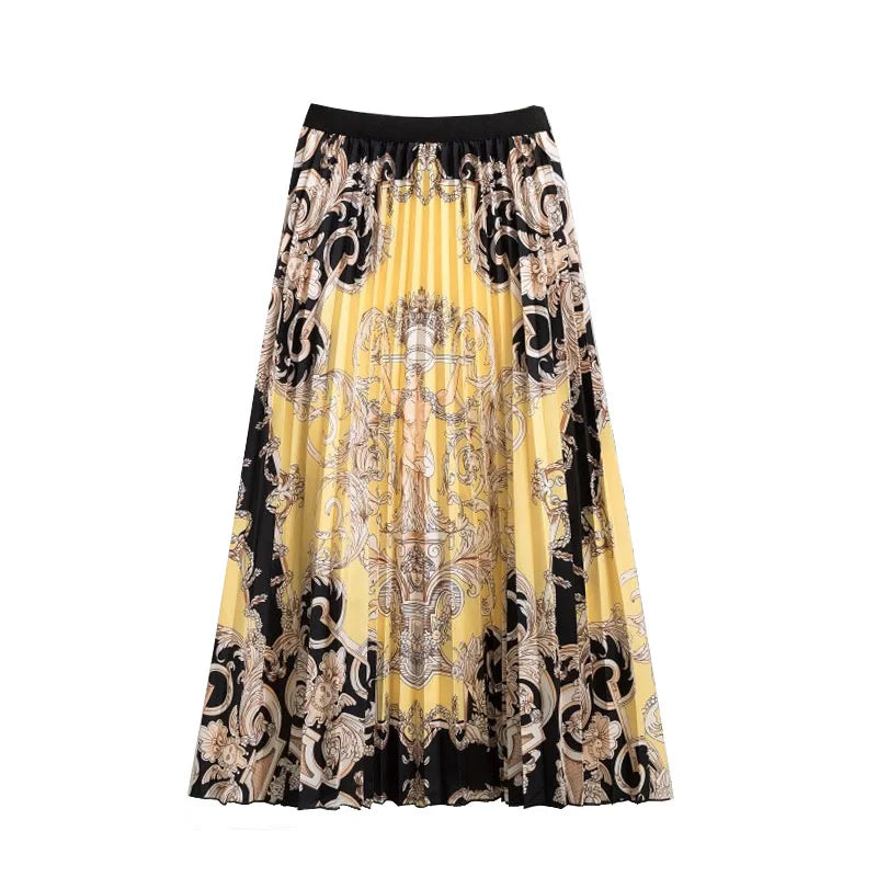 Casual Floral Midi Pleated Skirt For Women Fashion Printed Flower A Line Elastic High Waist Mid-length Skirt Female Ladies falda