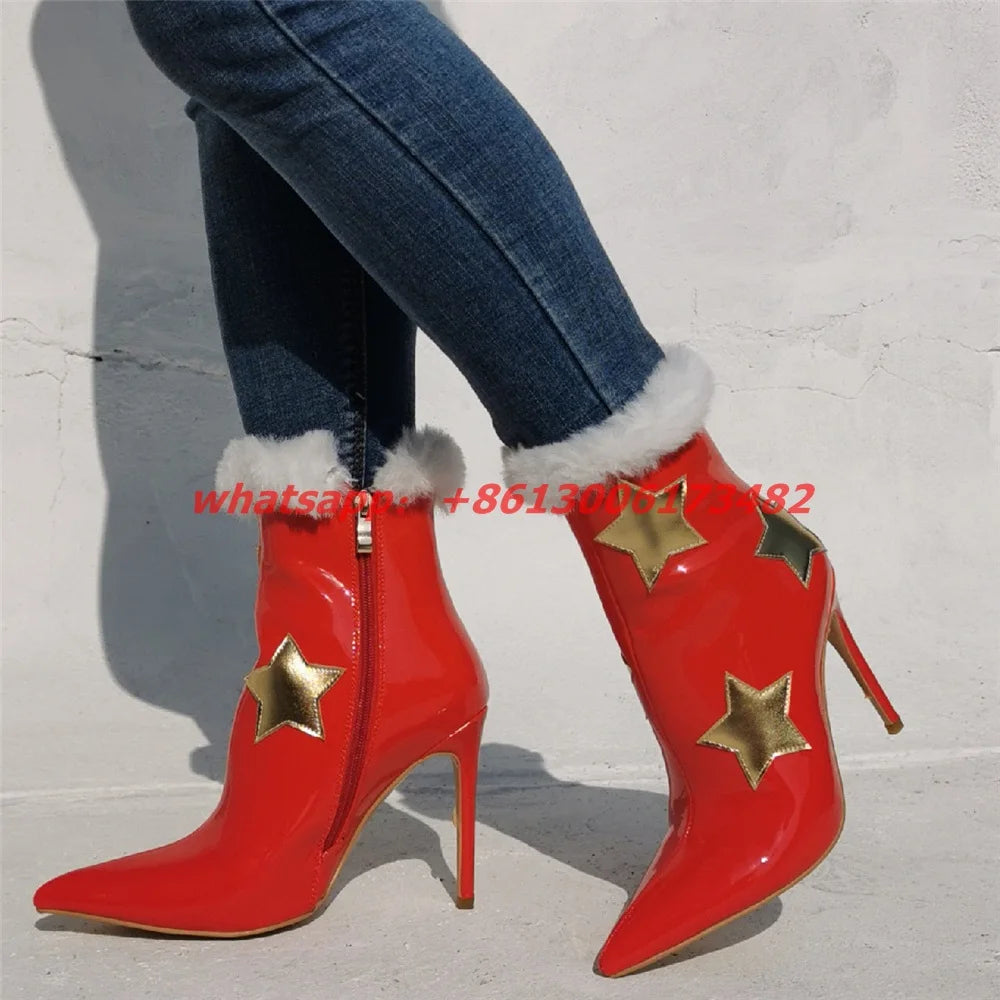 Woman Christmas Golden Star Patent Leather Pointed Toe High Heel Boots Plus Size 47 Woman Red Christmas High Heel Ankle Boots