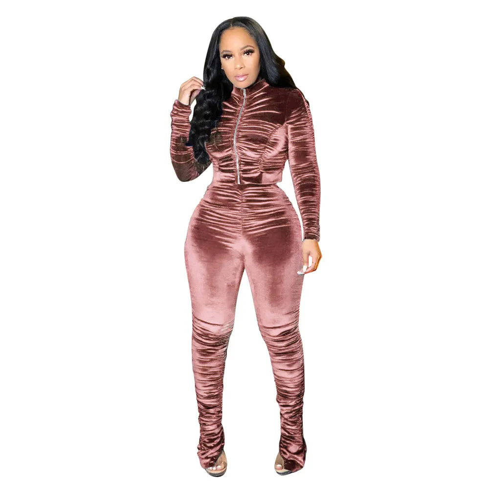 Autumn Winter Velvet Tracksuit Women Clothing Sets Ruched Casual Two Piece Set Top and Pants Sweat Suits Velour 2 Piece Outfits