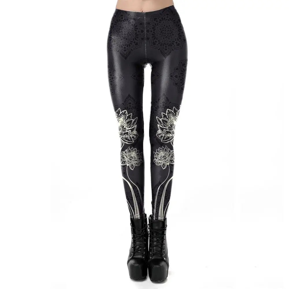 FCCEXIO White Lotus Printed Leggings Women Fitness Pants Female Sexy Black Mid Waist Leggins Workout Elastic Mandala Legins
