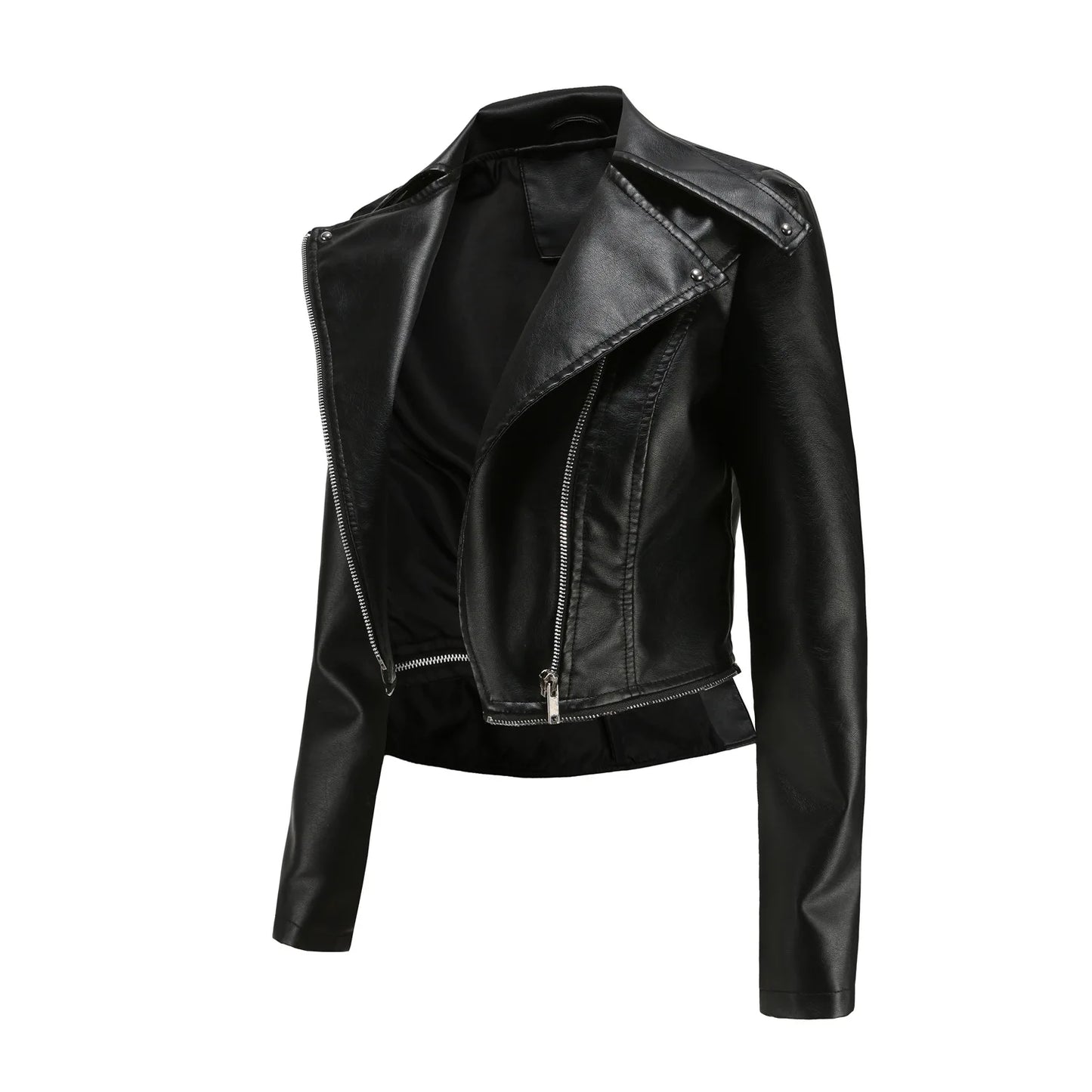 Spring Autumn Motorcycle PU Leather Jacket Women Casual Leather Coat Female Long Sleeve Turn-down Collar Solid Outwear