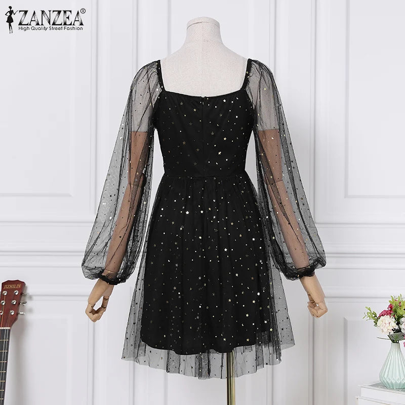 ZANZEA Elegant Women Dress 2024 Spring Summer Lace Patchwork Knee Length Dresses Casual Solid Long Sleeve A-line Oversized Robe