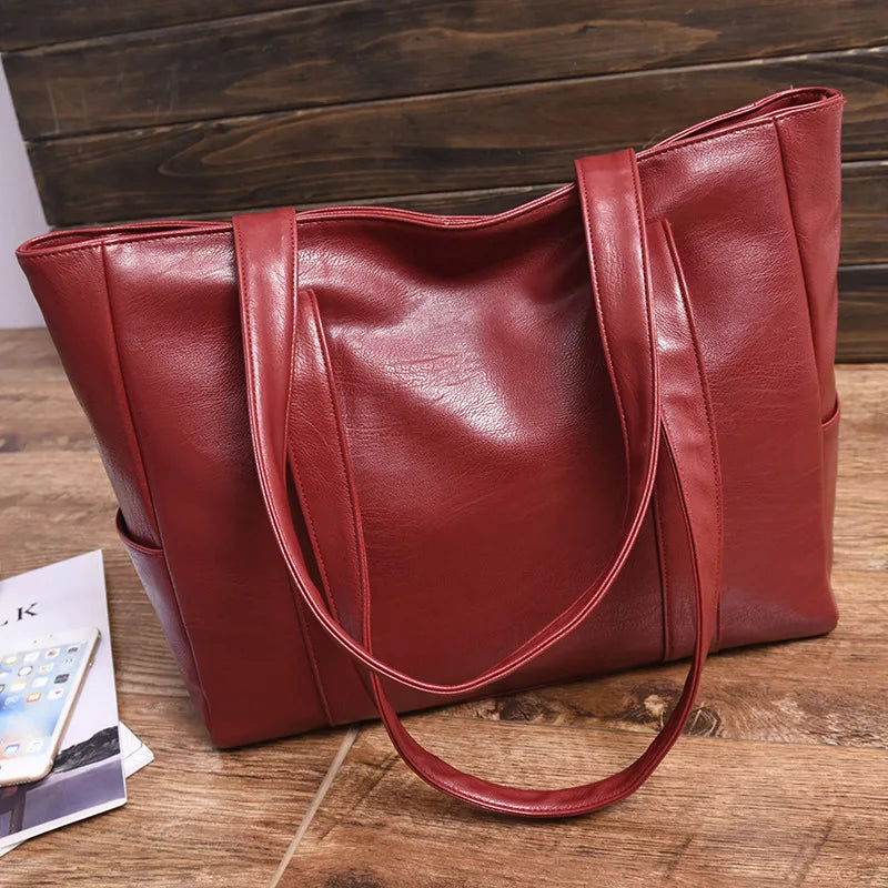 2024 Fashion Women Solid Color Shoulder Bag Soft Pu Leather Commute Large Capacity Casual Tote Handbag for Female