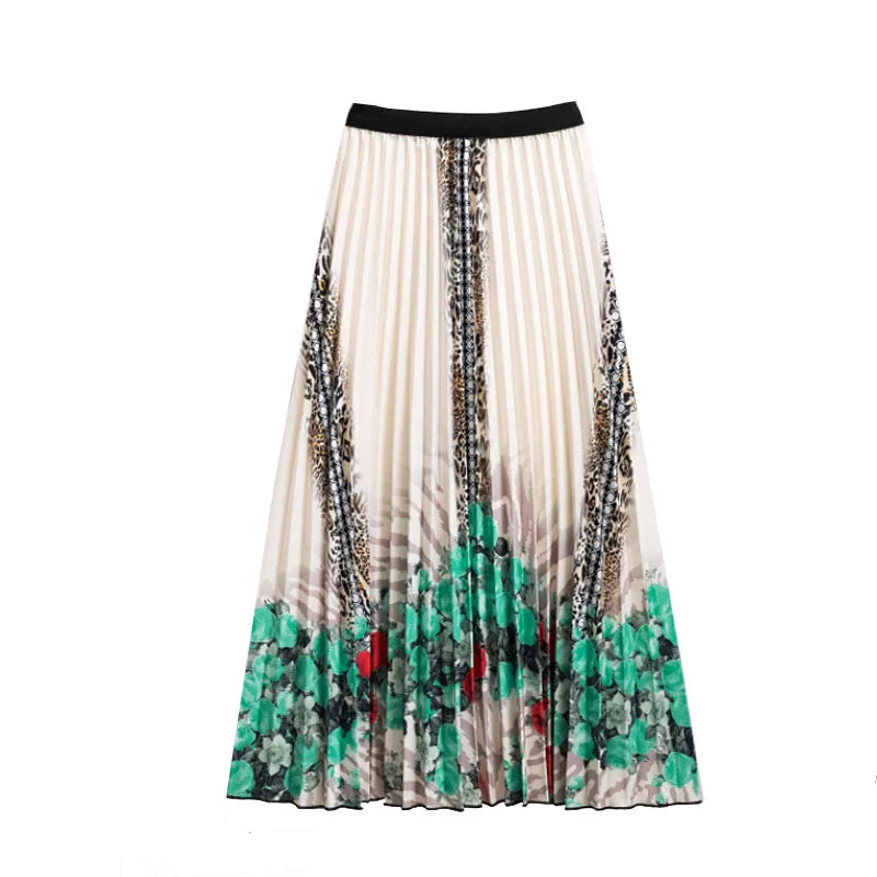 Casual Floral Midi Pleated Skirt For Women Fashion Printed Flower A Line Elastic High Waist Mid-length Skirt Female Ladies falda