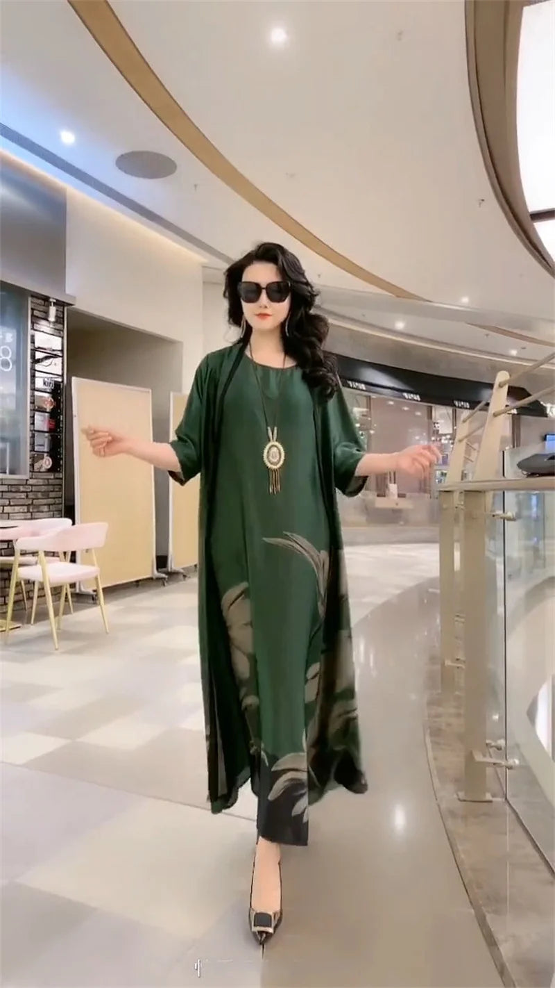 Middle Aged Mother Dress Suit Summer Casual Fashion Printing Two Piece Suits Long Dress Suits Women Temperament Dress Sets 729