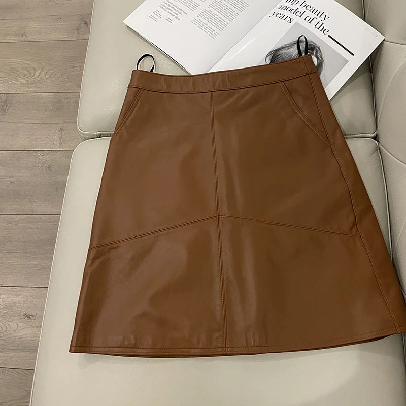 Woman Skirts Elegant 2025 New Fashion Korean Style Genuine Real Leather Skirts High Waist Mini Skirt Womens