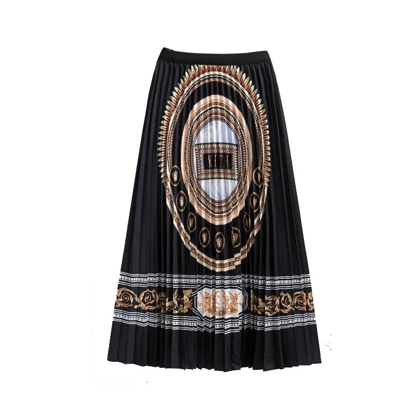 Casual Floral Midi Pleated Skirt For Women Fashion Printed Flower A Line Elastic High Waist Mid-length Skirt Female Ladies falda