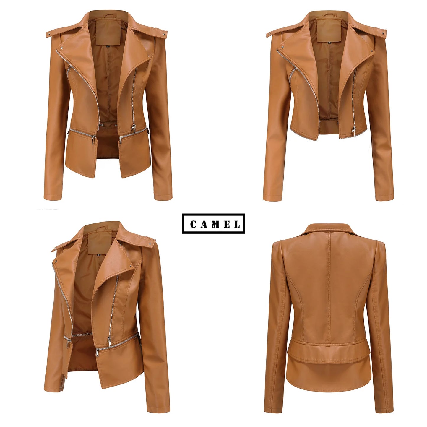 Spring Autumn Motorcycle PU Leather Jacket Women Casual Leather Coat Female Long Sleeve Turn-down Collar Solid Outwear
