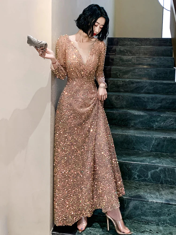 Sequined Long Sleeves Evening Dress O Neck Glitter Prom Dresses Plus Size Elegant Floor Length Vestido de noiva Customized