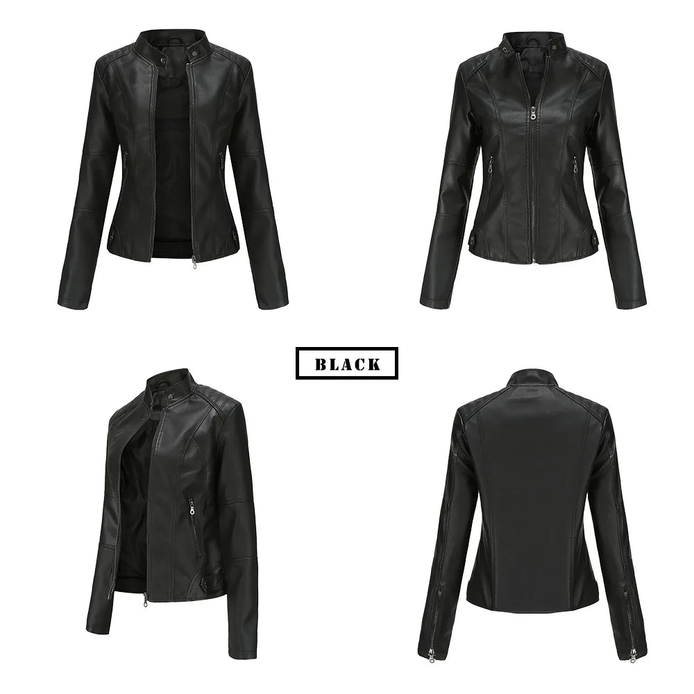 Women Leather Jacket 2025 Spring Autumn Black PU Leather Coat Stand-up Collar Motor Biker Jacket